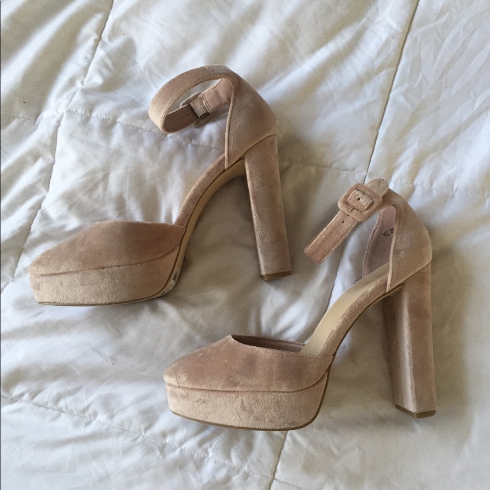 Blush Pink Velvet Block Platform Heels
